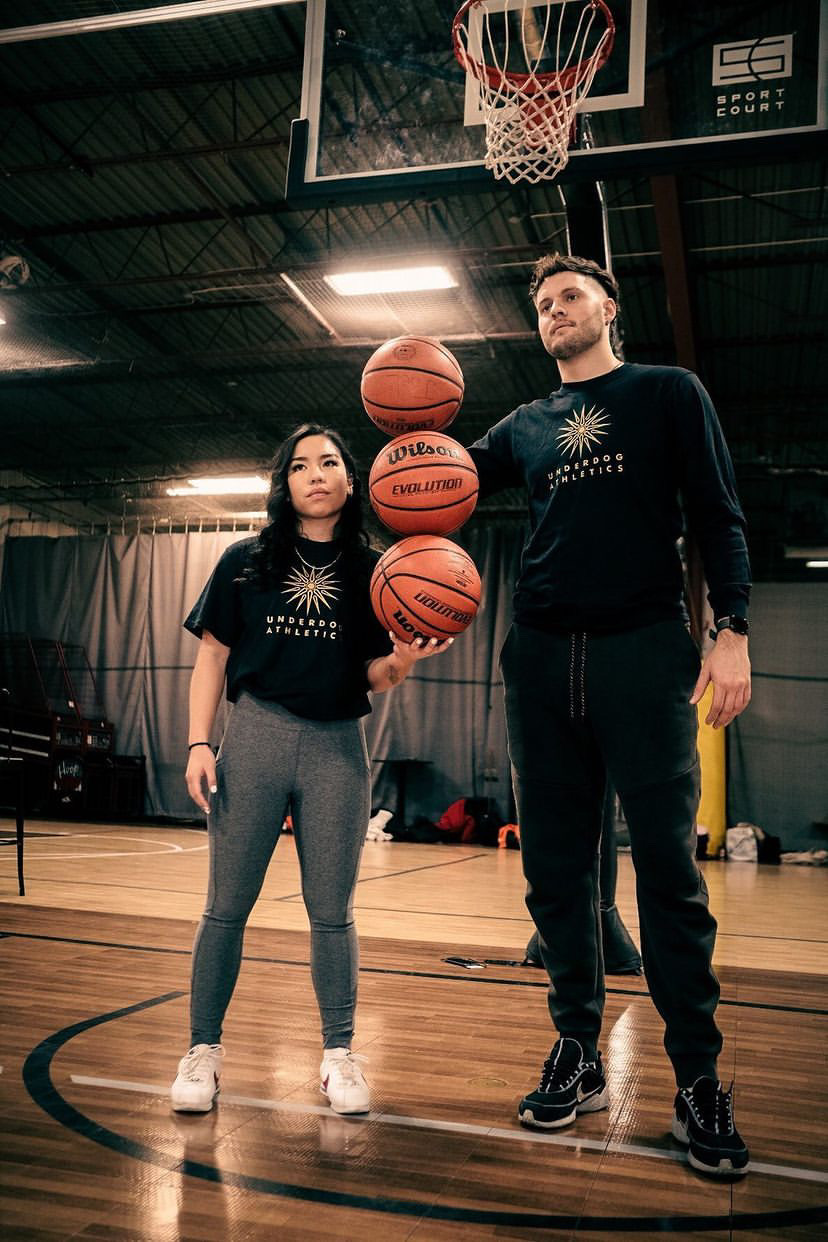 Jan and other model holding 3 basketballs together